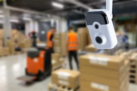 CCTV Camera Operating inside warehouse or factory. Copy space. Stock Photos