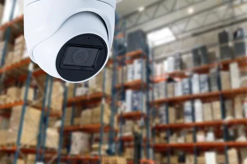 CCTV Camera Operating inside warehouse or factory. Copy space. Stock Photos