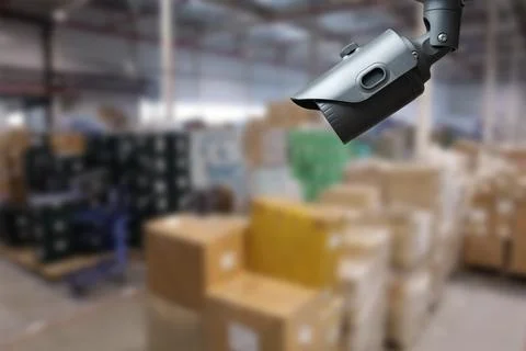 CCTV Camera Operating inside warehouse or factory. Stock Photos