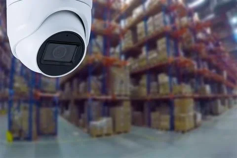 CCTV Camera Operating inside warehouse or factory. Copy space. Stock Photos