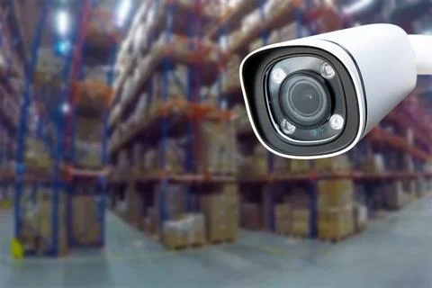 CCTV Camera Operating inside warehouse or factory. Copy space. Stock Photos