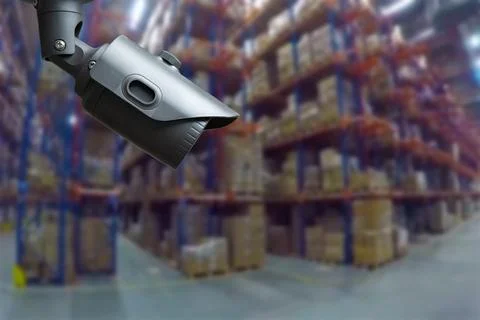 CCTV Camera Operating inside warehouse or factory. Copy space. Stock Photos
