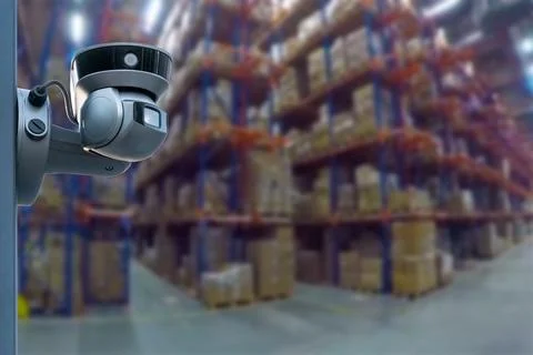 CCTV Camera Operating inside warehouse or factory. Copy space. Stock Photos