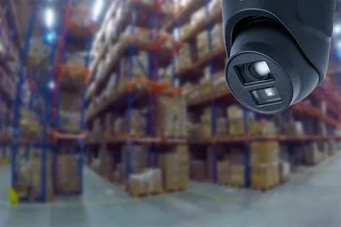 CCTV Camera Operating inside warehouse or factory. Copy space. Stock Photos