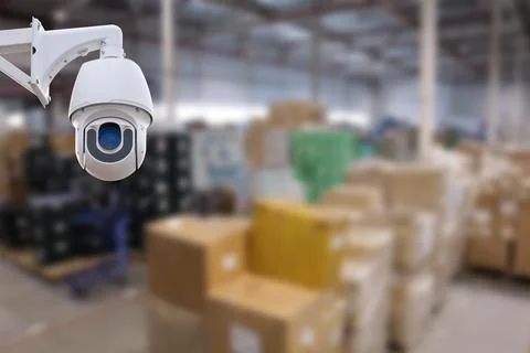 CCTV Camera Operating inside warehouse or factory. Stock Photos