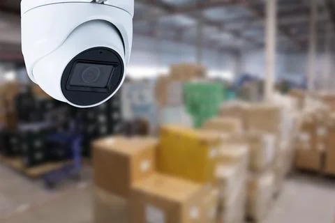 CCTV Camera Operating inside warehouse or factory. Stock Photos