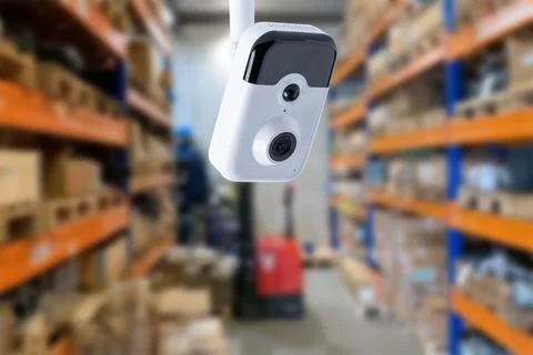 CCTV Camera Operating inside warehouse or factory. Stock Photos