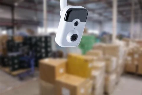 CCTV Camera Operating inside warehouse or factory. Stock Photos