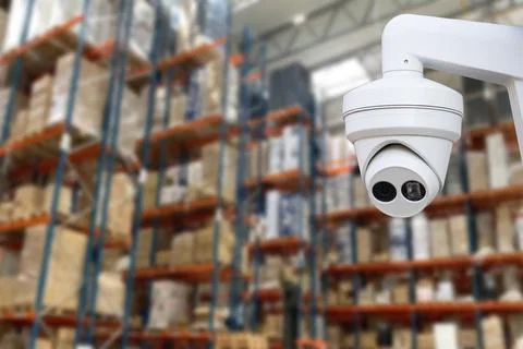 CCTV Camera Operating inside warehouse or factory. Copy space. Stock Photos