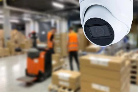 CCTV Camera Operating inside warehouse or factory. Copy space. Stock Photos