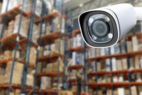 CCTV Camera Operating inside warehouse or factory. Copy space. Stock Photos