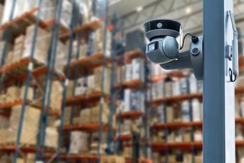 CCTV Camera Operating inside warehouse or factory. Copy space. Stock Photos