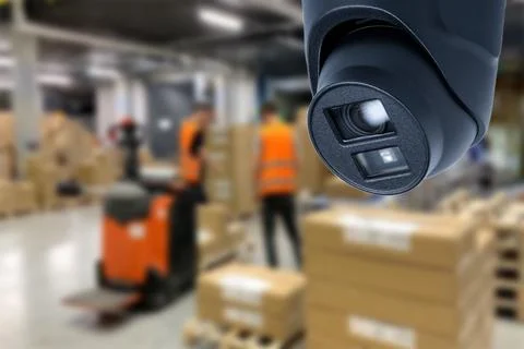 CCTV Camera Operating inside warehouse or factory. Copy space. Stock Photos