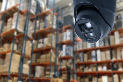 CCTV Camera Operating inside warehouse or factory. Copy space. Stock Photos