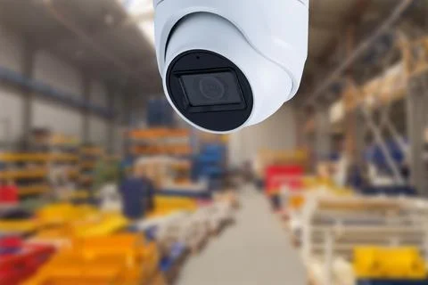 CCTV Camera or surveillance operating inside industrial factory. Copy space. Stock Photos