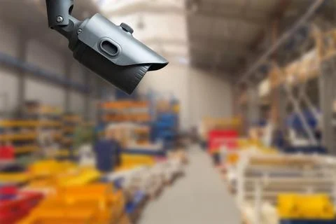 CCTV Camera or surveillance operating inside industrial factory. Copy space. Stock Photos