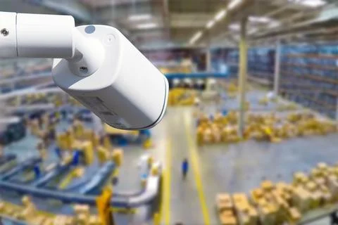 CCTV Camera or surveillance operating inside industrial factory. Stock Photos