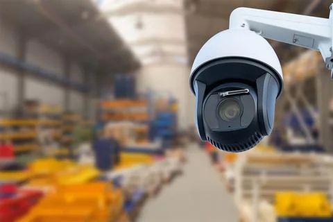 CCTV Camera or surveillance operating inside industrial factory. Copy space. Stock Photos