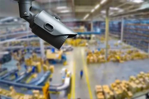 CCTV Camera or surveillance operating inside industrial factory. Stock Photos