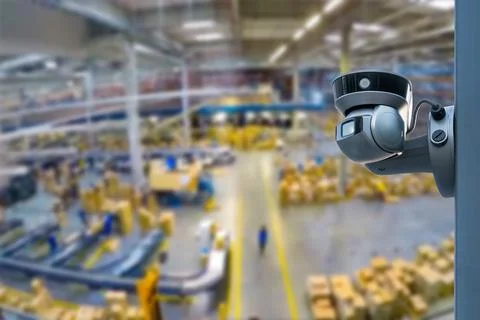 CCTV Camera or surveillance operating inside industrial factory. Stock Photos