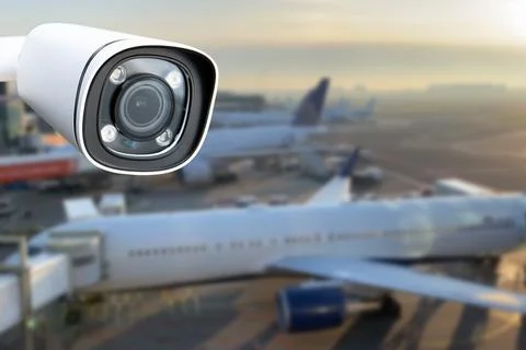 CCTV camera or surveillance operating in air port. Stock Photos