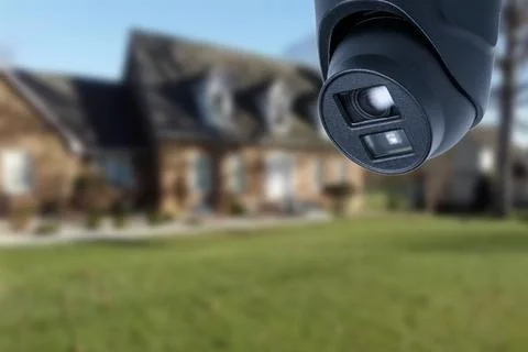 CCTV Camera or surveillance operating with house village in background. Stock-Fotos