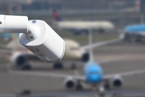 CCTV camera or surveillance operating in air port. Stock Photos