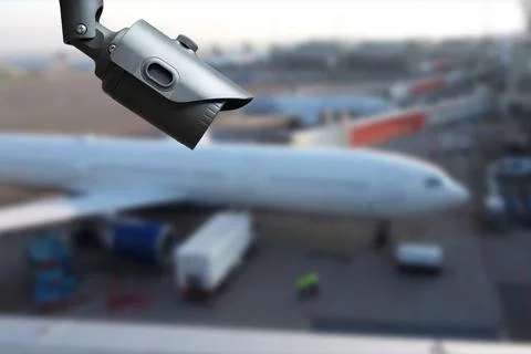 CCTV camera or surveillance operating in air port. Stock Photos