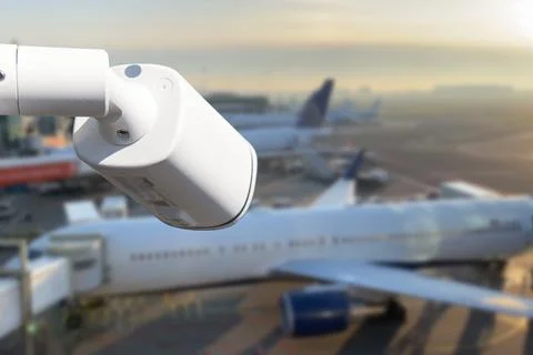 CCTV camera or surveillance operating in airport. Stock Photos