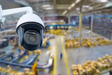 CCTV Camera or surveillance operating inside industrial factory. Stock Photos