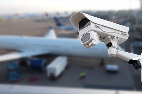 CCTV camera or surveillance operating in air port. Stock Photos