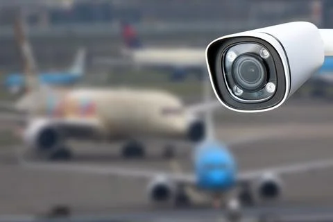 CCTV camera or surveillance operating in air port. Stock Photos