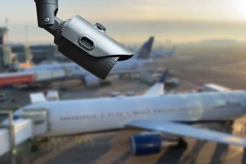CCTV camera or surveillance operating in airport. Stock Photos