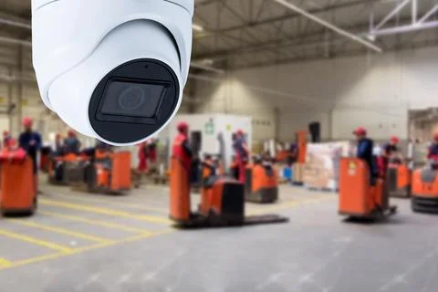 CCTV Camera or surveillance operating inside industrial factory. Stock Photos