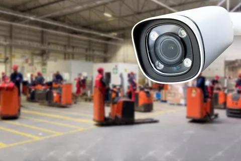 CCTV Camera or surveillance operating inside industrial factory. Stock Photos