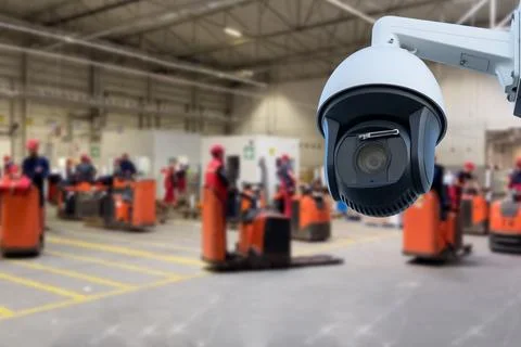 CCTV Camera or surveillance operating inside industrial factory. Stock Photos