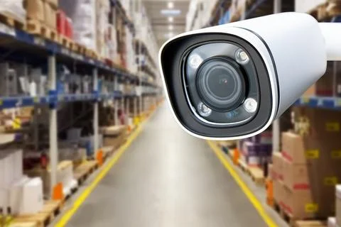 CCTV camera or surveillance operating in store or warehouse. Stock Photos