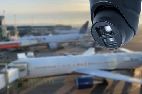 CCTV camera or surveillance operating in air port. Stock Photos