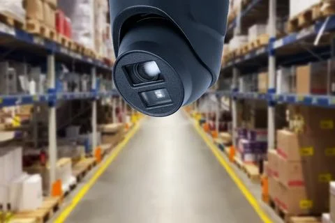 CCTV camera or surveillance operating in store or warehouse. Stock Photos