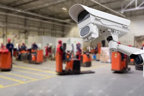 CCTV Camera or surveillance operating inside industrial factory. Stock Photos