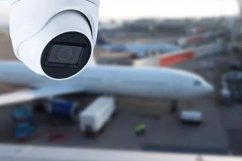 CCTV camera or surveillance operating in air port. Stock Photos