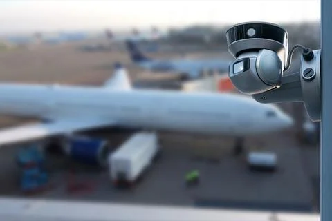 CCTV camera or surveillance operating in air port. Stock Photos