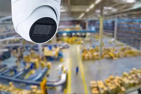 CCTV Camera or surveillance operating inside industrial factory. Stock Photos