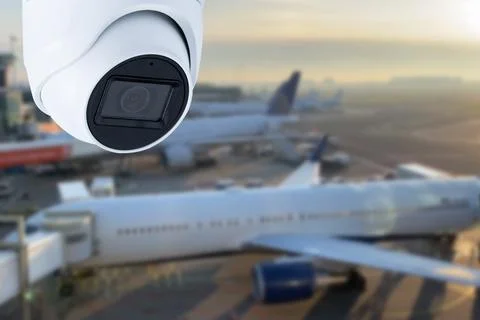 CCTV camera or surveillance operating in air port. Stock Photos