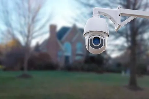 CCTV Camera or surveillance operating with house village in background. Stock Photos