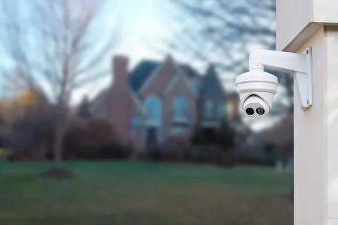 CCTV Camera or surveillance operating with house village in background. Stock Photos