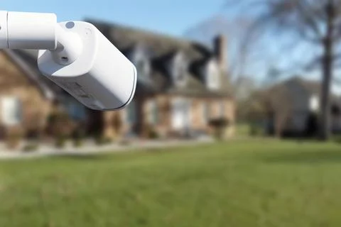 CCTV Camera or surveillance operating with house village in background. Stock Photos