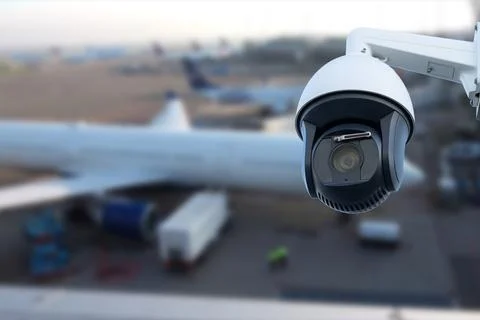CCTV camera or surveillance operating in air port. Stock Photos