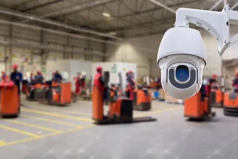 CCTV Camera or surveillance operating inside industrial factory. Stock Photos