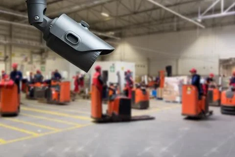 CCTV Camera or surveillance operating inside industrial factory. Stock Photos